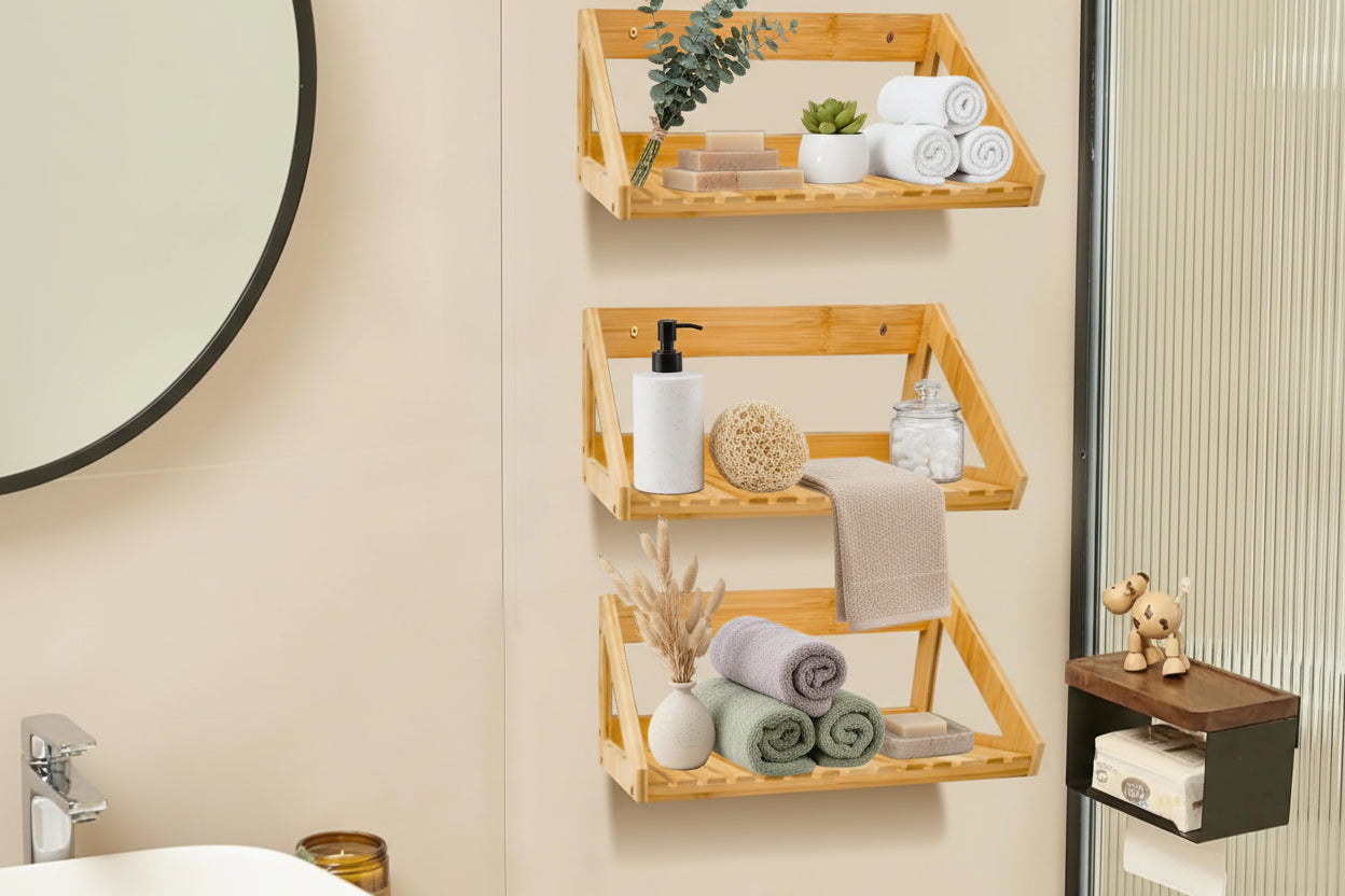 Floating Shelves Wall Mounted, 3 Pcs Solid Bamboo Wall Hanging Rack Holder, Wall Storage Shelves for Bedroom, Living Room, Bathroom, Kitchen, Office Decor