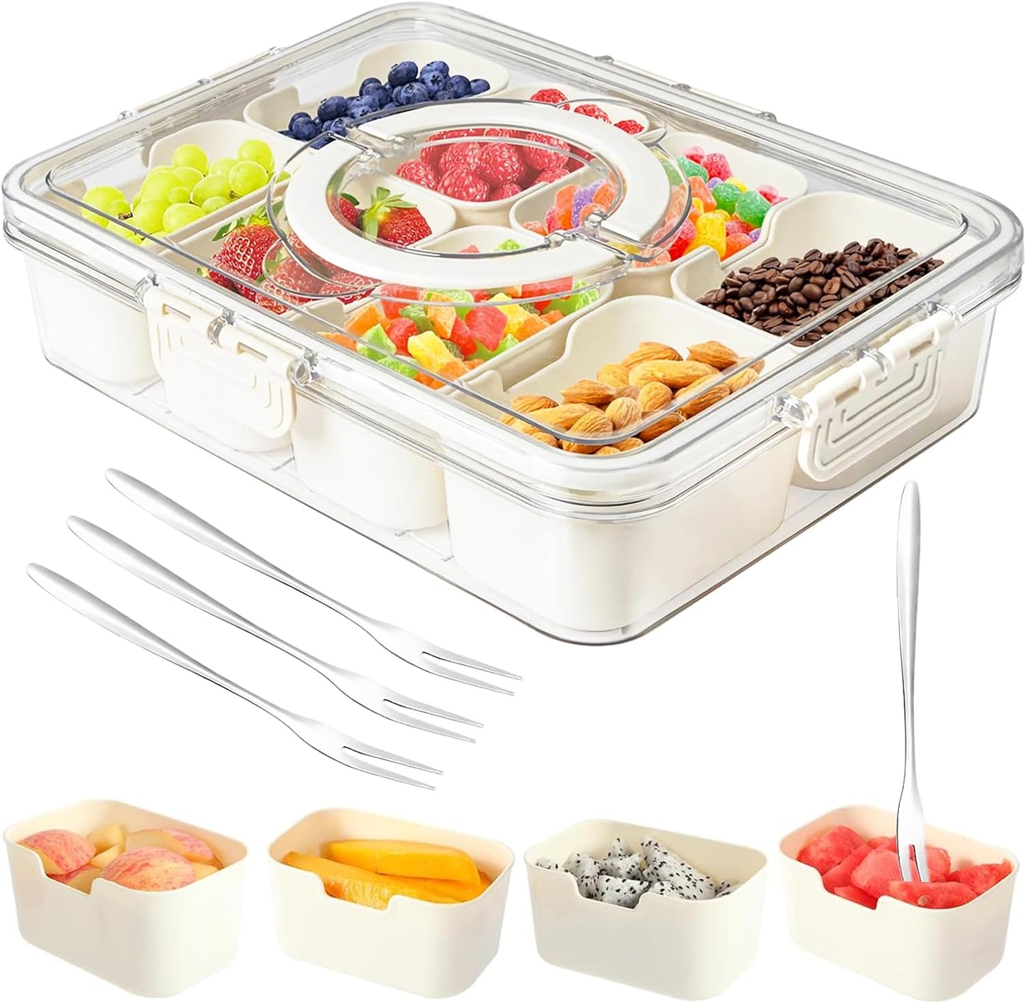Snackle Box Container,Portable Snack Box 8 Compartment Divided Serving Tray with Lid and Handle,Clear Storage Organizer for Fruit Candy Nuts Veggie-Perfect for Road Travel Party(1 Pack)