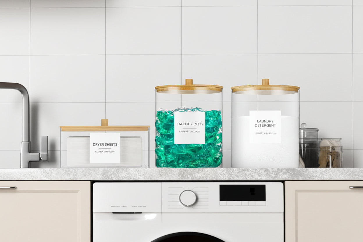 Glass Jars and Acrylic Dryer Sheet Holder, Laundry Pods Container with Bamboo Lid and 27 Labels, Powder Detergent Containers for Laundry Room Organization, Storage Jars Set (3 Pack)