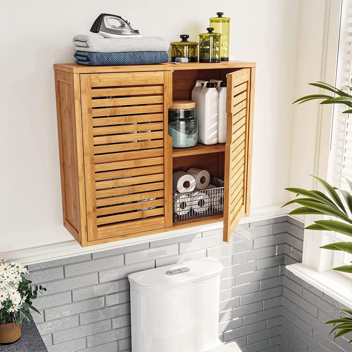 Wall Cabinet Bathroom Storage Cabinet Wall Mounted with Adjustable Shelves Inside, Double Door Medicine Cabinet, Utility Cabinet Organizer over Toilet, Bamboo, 23.2''Lx8.1''Wx20.4''H