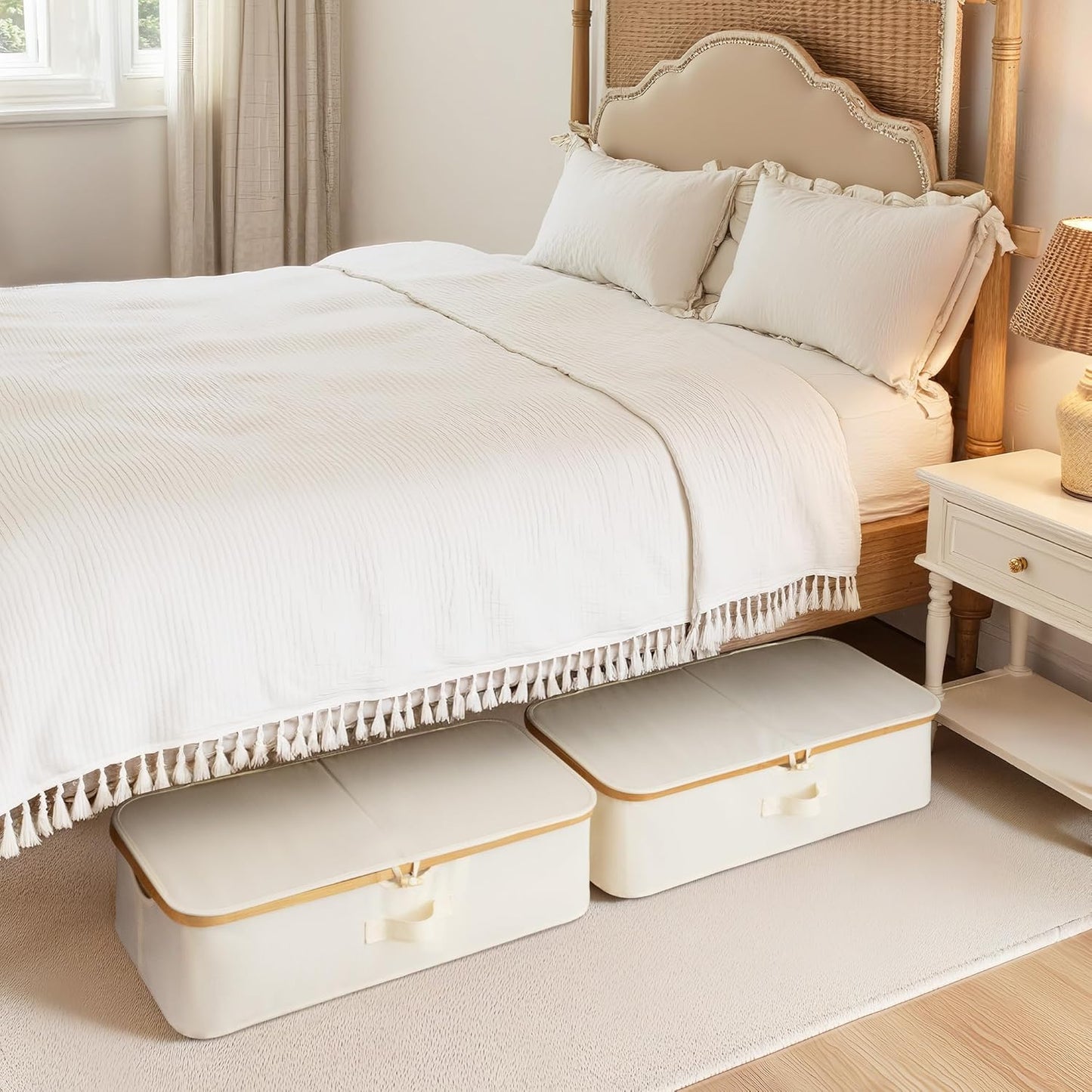 2-Pack Underbed Storage Box with Bamboo Frame, 42L Flip-Top under Bed Container for Blankets, Bed Sheets, Coverlets and Towels, Beige