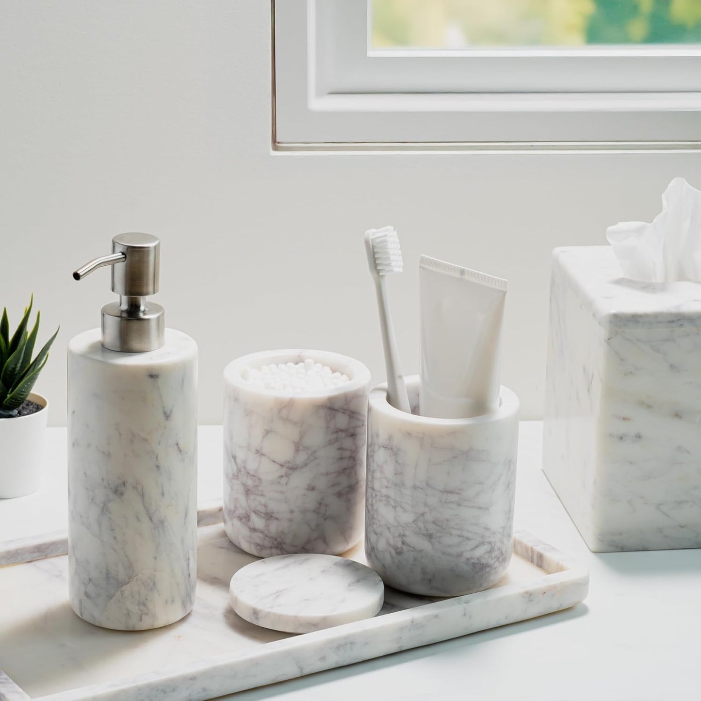 Marble Bathroom Accessories Set, Complete 3 Piece Set with Soap Dispenser, Toothbrush Holder & Canister with Lid for Qtips, White Marble Bath Countertop Vanity Decor Organizer