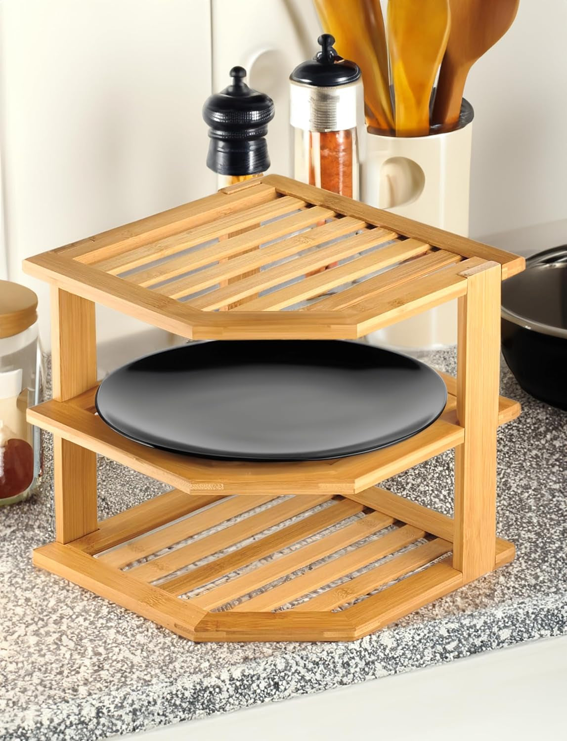 Bamboo 3-Tier Corner Shelf Organizer for Countertop & Kitchen Cabinet, Space Organizer for Kitchen and Bathroom