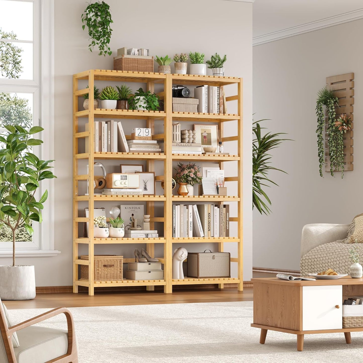 6-Tier Bamboo Shelf, Bamboo Bookcase with Adjustable Shelves, Free Standing Storage Shelf Unit, Plant Flower Stand for Kitchen, Bathroom, Home Office, Natural