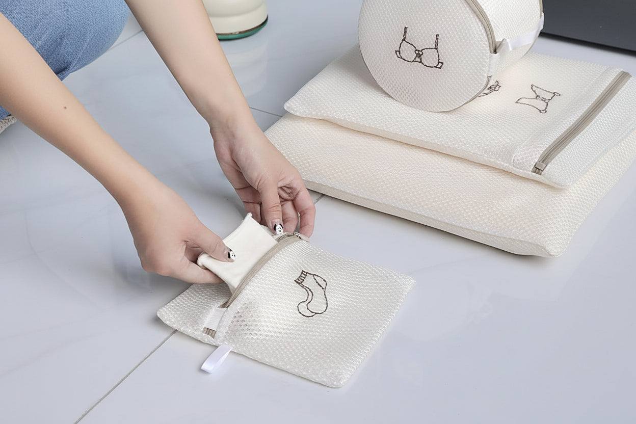 6PCS Logo Category Double Thickened Fine Mesh Laundry Bag Set with Zipper (Hosiery + Shirt + Dress + Jacket + Pants + Bra Bag)