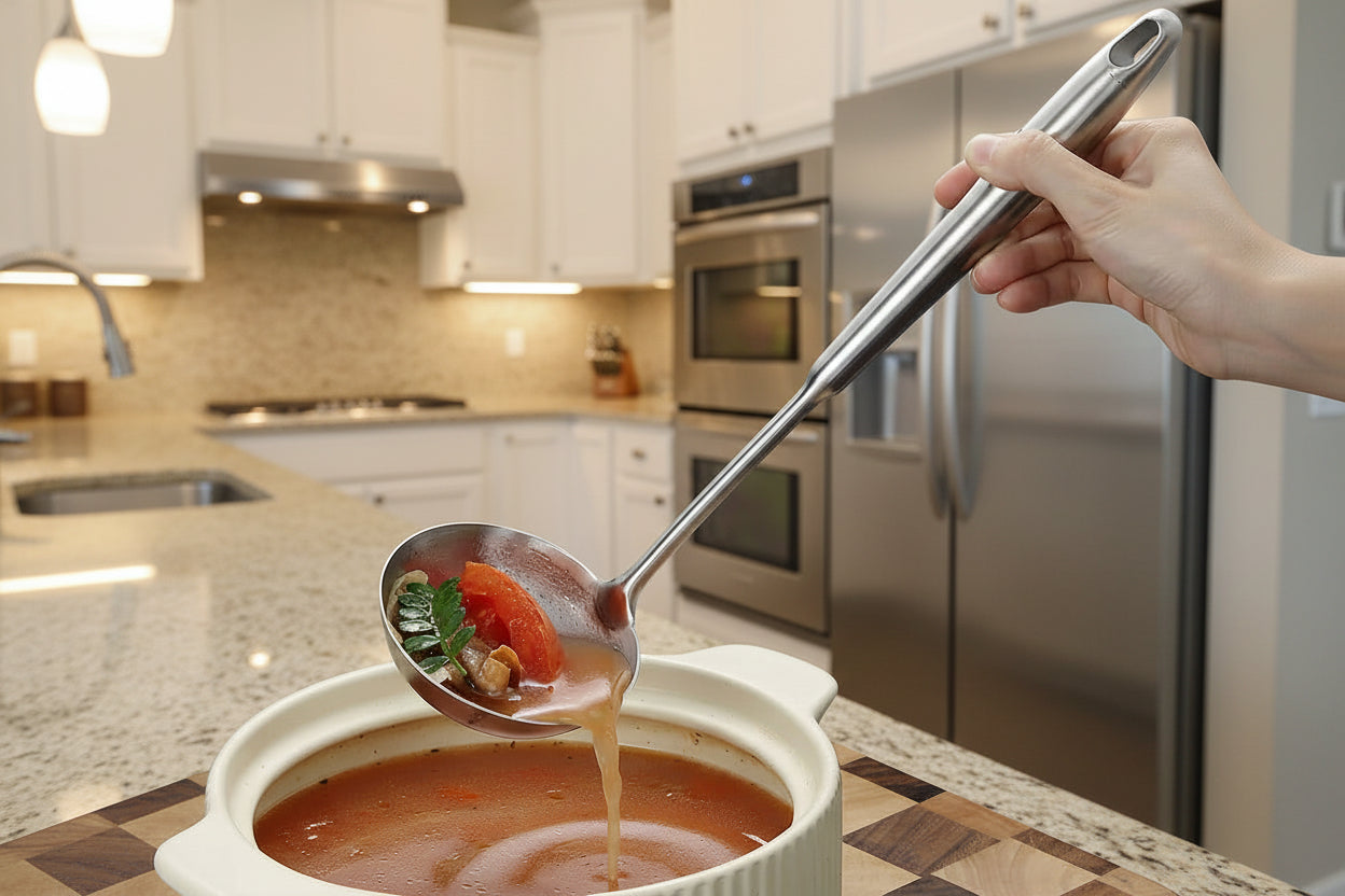 Stainless Steel Soup Ladle – Extra-Deep Large-Capacity Ladle with Long Hollow Handle, Dishwasher Safe, Easy to Clean – Ideal for Soup, Stew, Broth & Sauce
