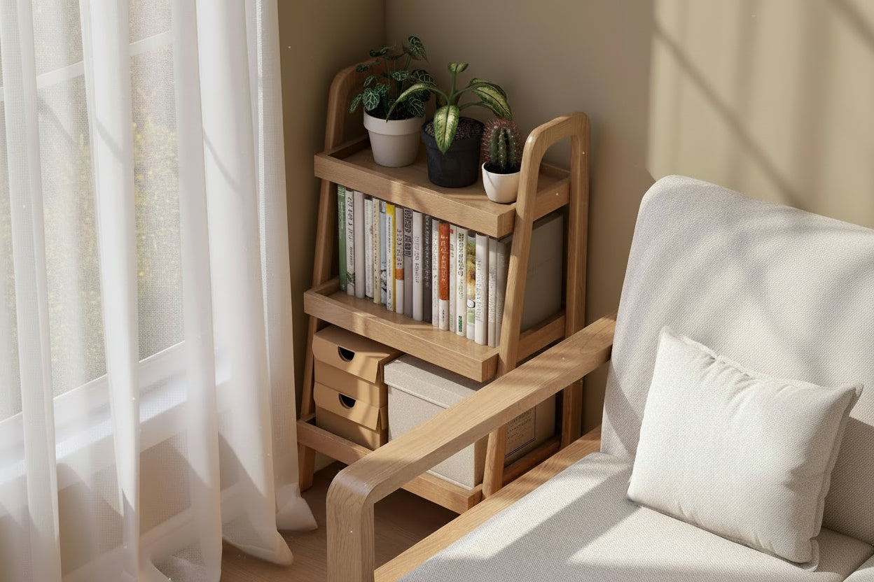100% Solid Oak 3 Tier Ladder Shelf, Small Bookshelf, Ladder Bookshelf, Bookcase with Stable Frame, Small Table for Living Room Bedroom(Natural, 12.6" L X 17.72" W X 31.5" H)