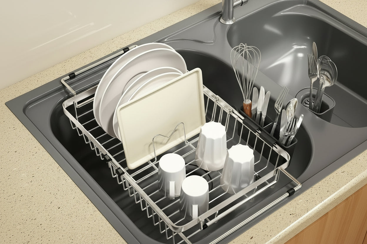 Small Expandable over the Sink Dish Drainer Drying Rack in Stainless Steel Metal for Kitchen, Counter Space Saving Compact above Plate Dryer Strainer, Adjustable Hanging inside Sink Wire Drain Holder