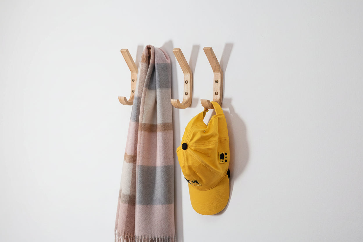 Wood Hooks Wall Mounted, Coat Hooks Vintage Single Wall Hooks Organizer Heavy Duty for Towel Hat Hanging 4 Pack Oak