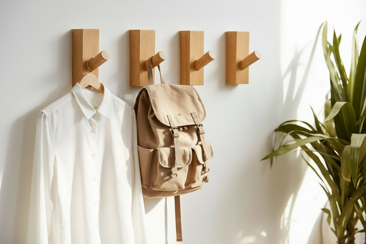 4Pack Adhesive Wall Hooks Hat Rack, Wooden Coat Hooks Wall Mounted, Decorative Hooks Single Organizer Hat Hanger Towel Rack, Heavy Duty Hooks (Rectangle-Beech,4P)