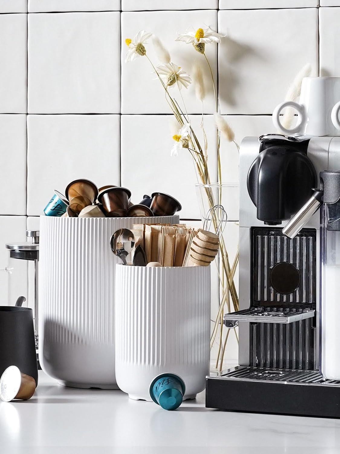 Utensil Holder, 7.3"+5.4" Ceramic Kitchen Utensil Holder for Countertop, Large Cooking Utensil Crocks for Kitchen Counter Decor, Morden Utensil Organizer for Spatula, Set of 2, White