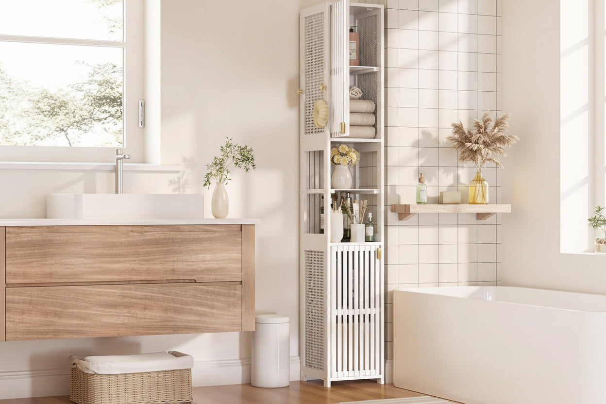 70'' Tall Bathroom Storage Cabinet Bamboo, Slim Storage Cabinet with Rattan Door and Adjustable Shelves, Narrow Freestanding Organizer for Living Room Kitchen, White