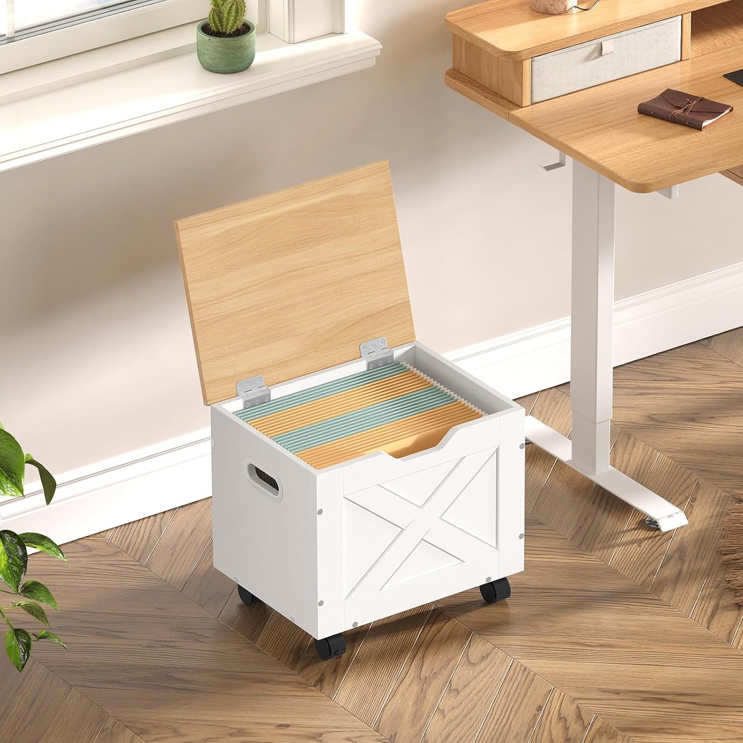 Rolling Filing Cabinet, Small File Cabinet under Desk with Single Drawer, Hanging File Organizer for A4/Letter-Size Documents, Organizer Box, for Home Office, White and Natural FCBN4001