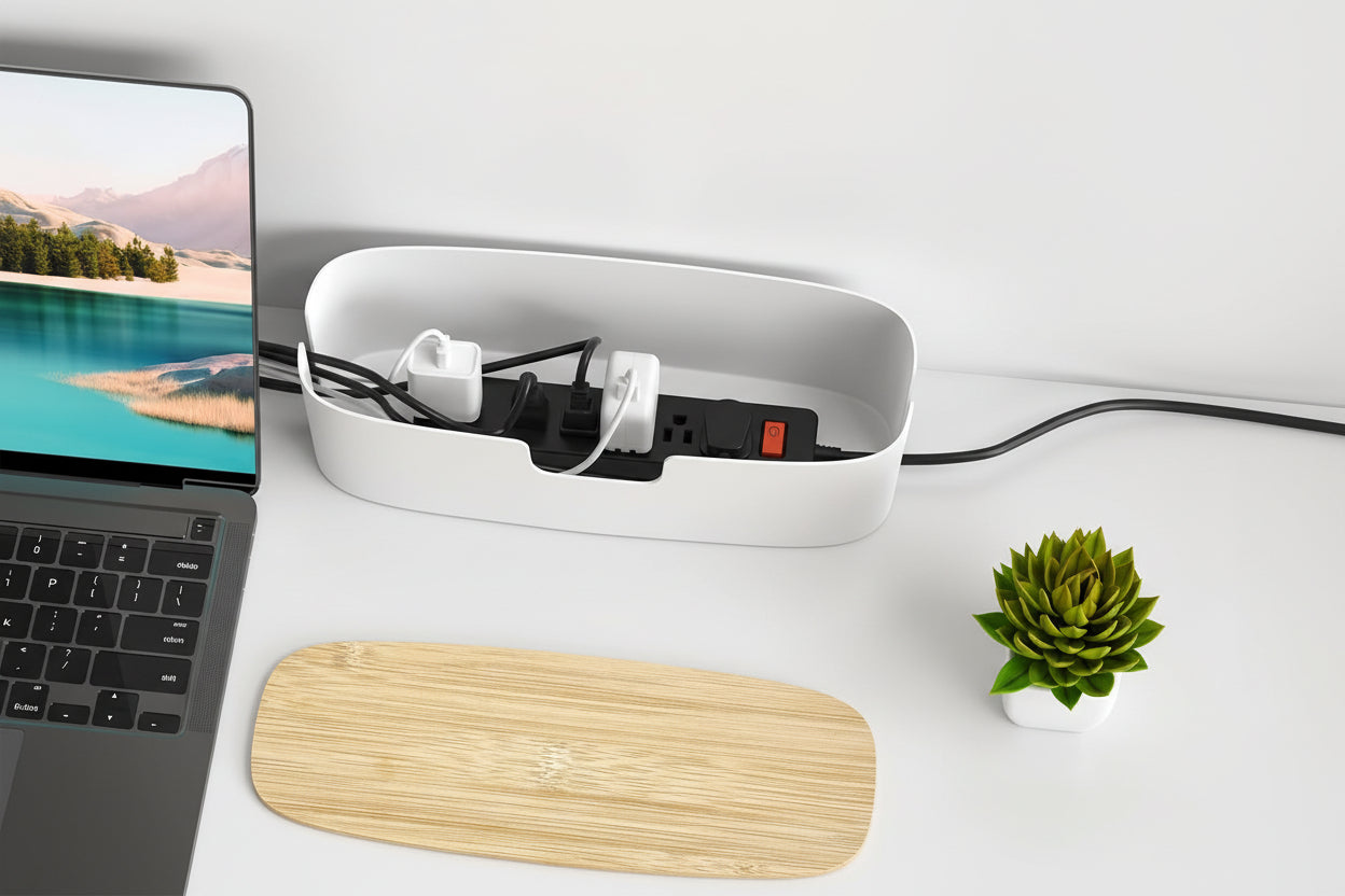 Large Cable Management Box - Cord Organize Box with Bamboo Lid for Safe Home & Office, Cord Hider for Power Strip under Desk, Cover TV Wires, Child & Pet Proof Cord Box, White