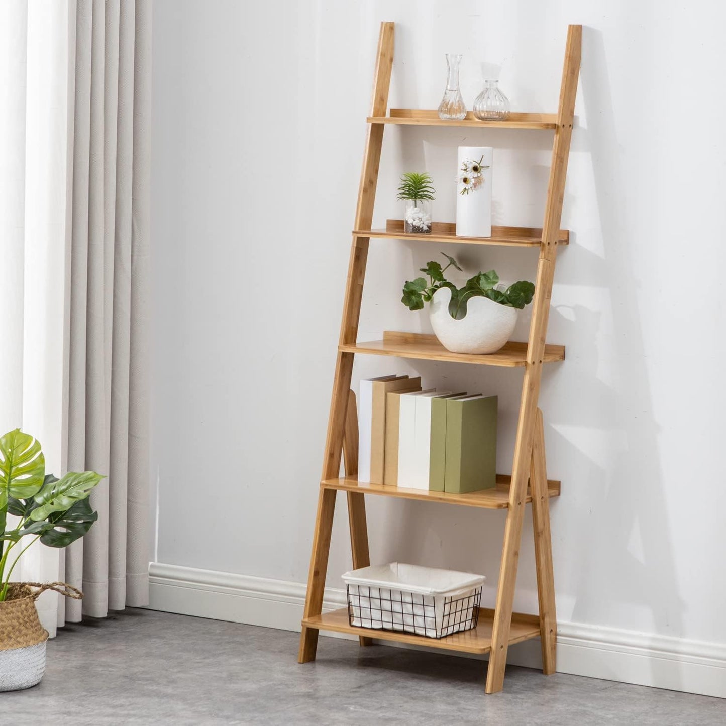 Bamboo Ladder Shelf – Freestanding Organizer – Natural