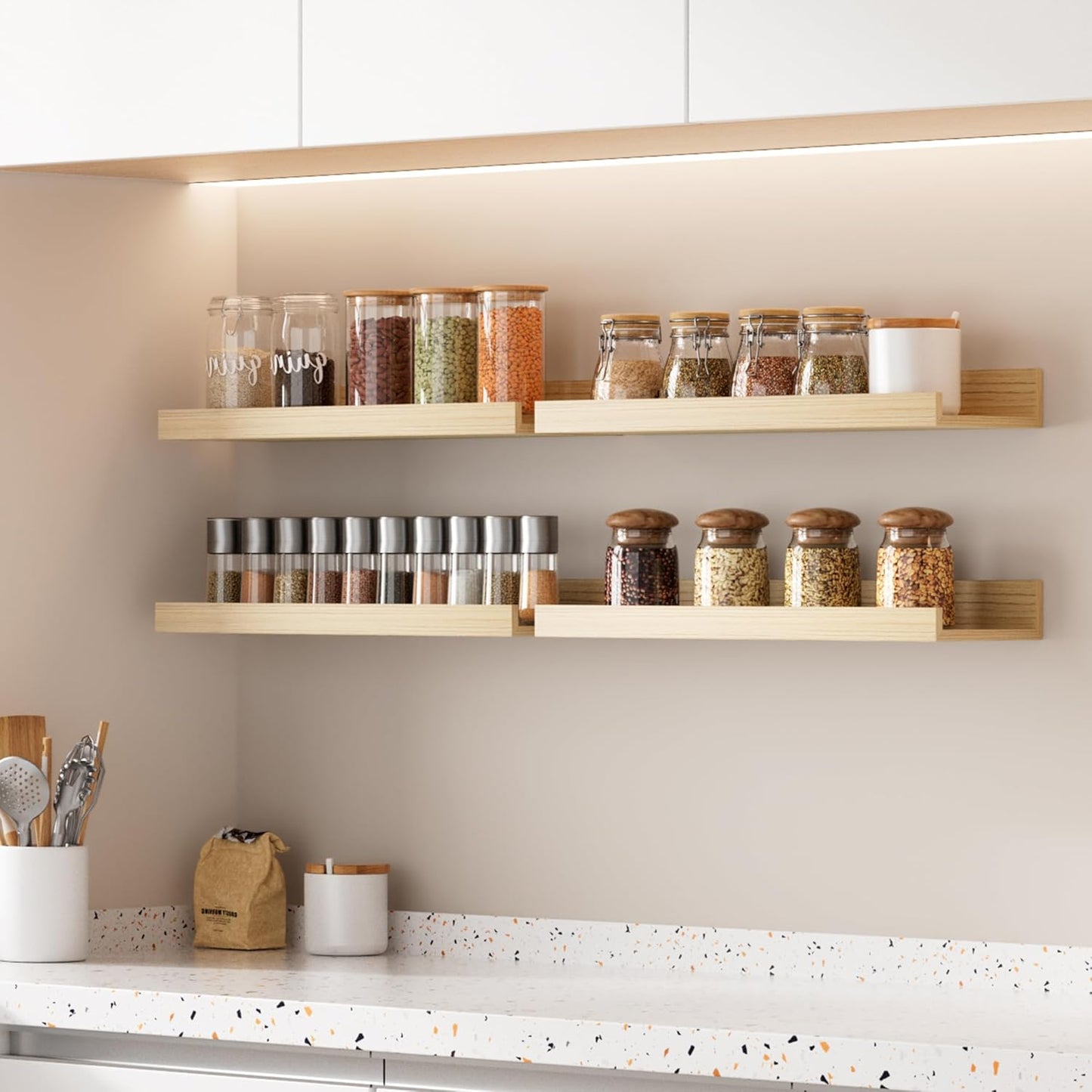 Floating Shelves for Wall, Wall Shelves for Decor Storage Set of 6, Wall Mounted Wood Shelf for Bedroom, Living Room, Bathroom, Kitchen, Picture Ledge Shelves, Natural