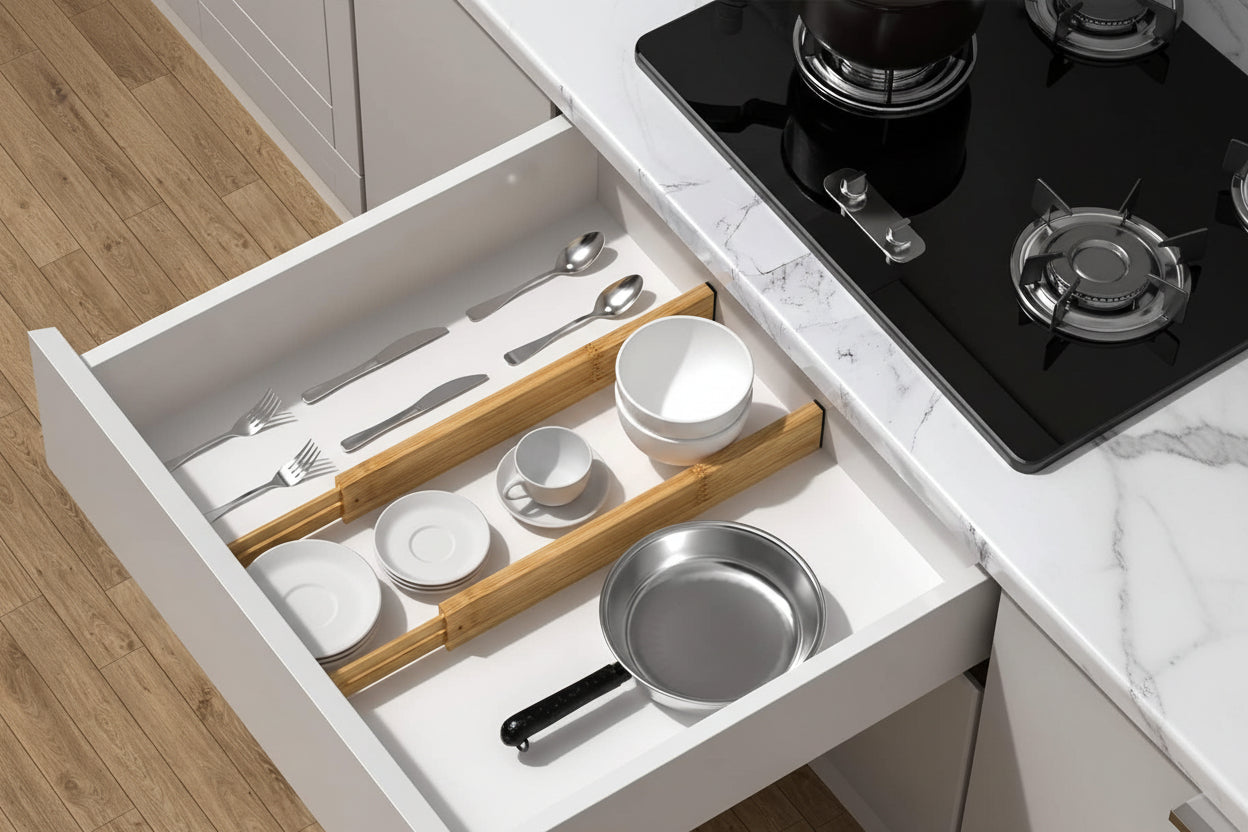 4 PCS Drawer Divider, 17"-22" Adjustable Bamboo Drawer Dividers Organizers, Expandable Separators for Kitchen, Clothes, Dressers, Home, Office