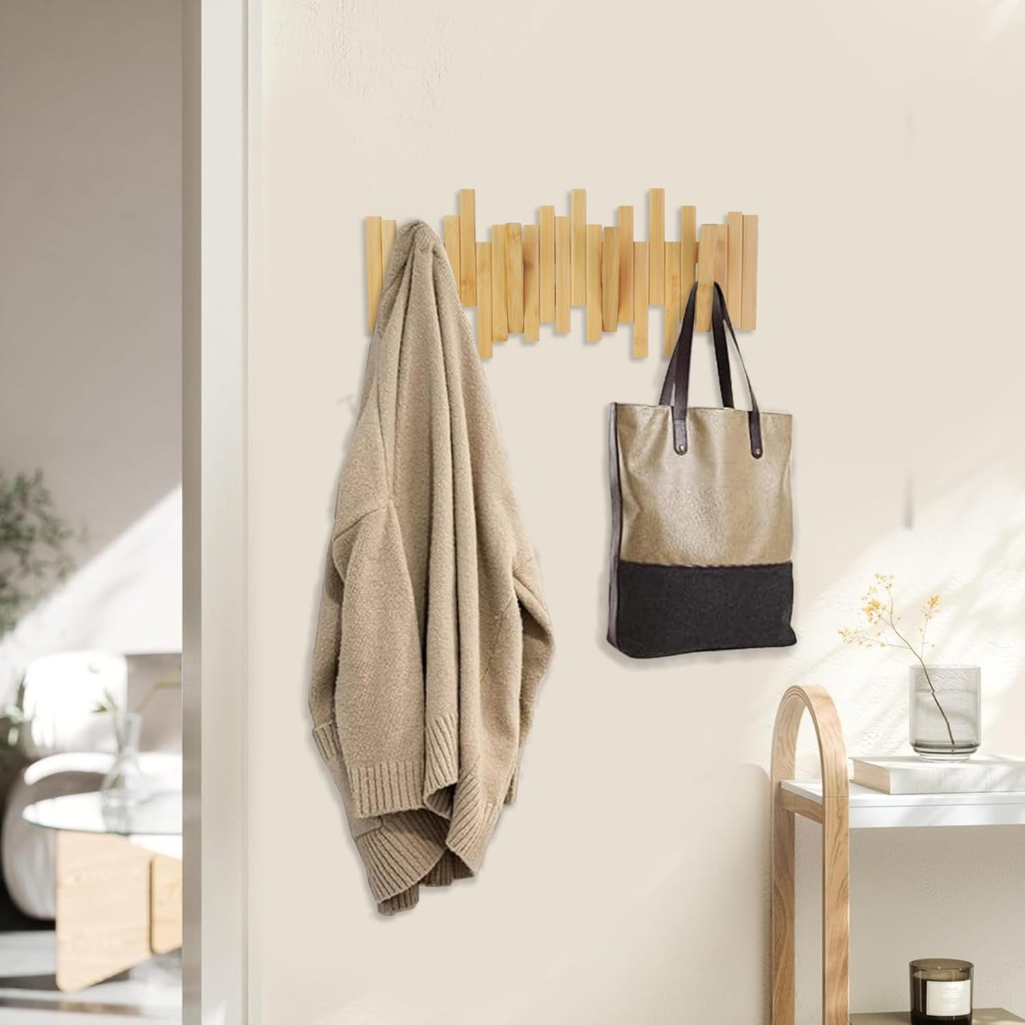 Bamboo Multi Hook Coat Rack – Modern, Unique, Space-Saving Coat Hanger with 4 Flip-Down Hooks for Hanging Coats, Christmas Decorations,Bamboo