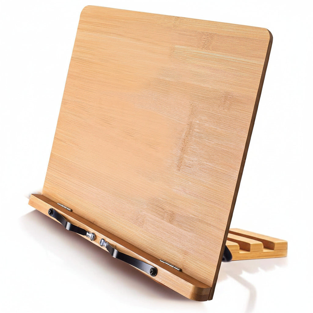 Bamboo Book Stand, Adjustable Book Holder Tray and Page Paper Clips-Cookbook Reading Desk Portable Stable Hard-Wearing Lightweight Bookstand-Textbooks Books