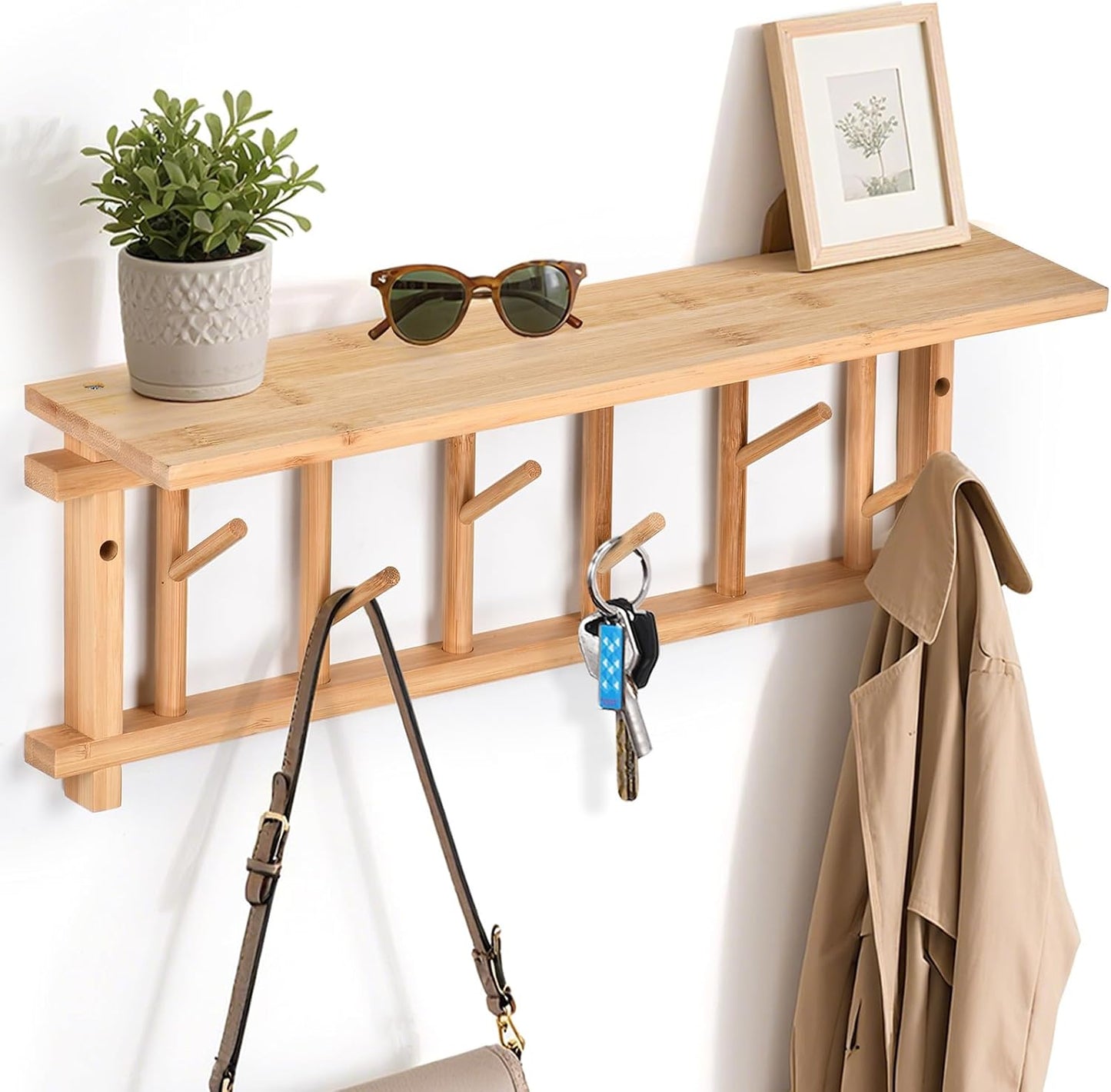 Wall Shelf with Hooks – Bamboo – Natural
