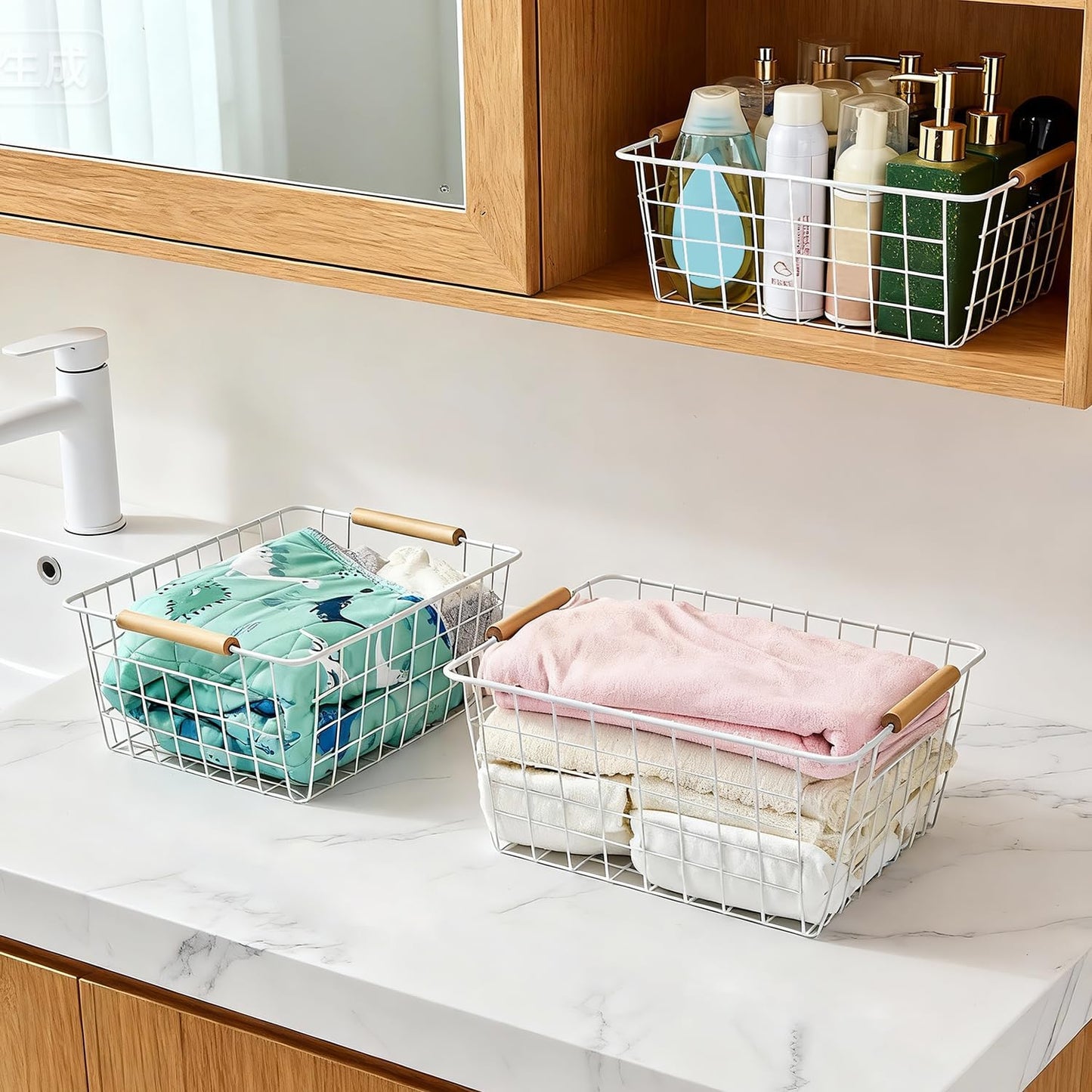 White Wire Baskets for Organizing with Wooden Handles Storage Organizer Baskets, Household Snack Basket for Cabinets, Pantry, Closets, Bedrooms, Pantry Organizers and Storage - Set of 2(White)