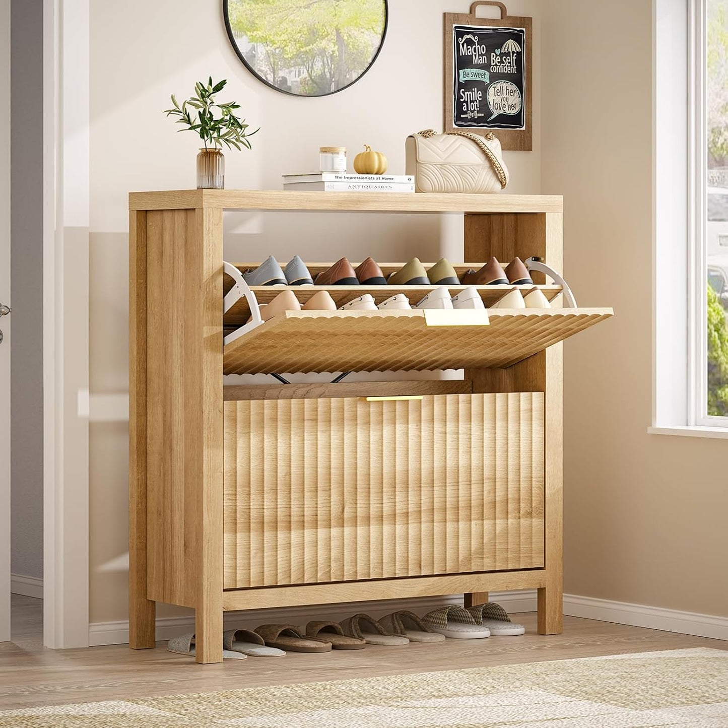 Shoe Cabinet Storage for Entryway, Fluted Shoe Cabinet with 2 Flip Drawers, Hidden Shoe Rack Tall Freestanding Shoe Organizer with Legs for Hallway, Wood