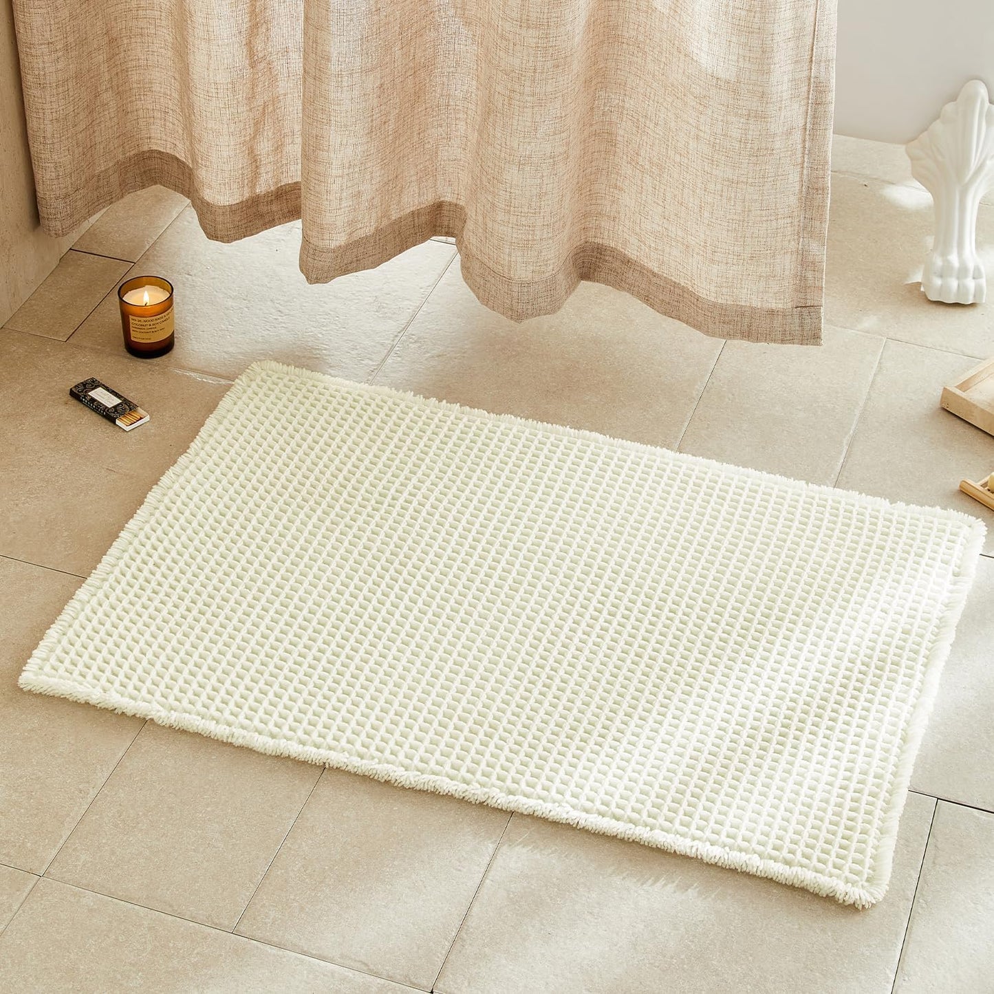 Bath Mat – Waffle Texture – Non Slip – Washable – Cream White