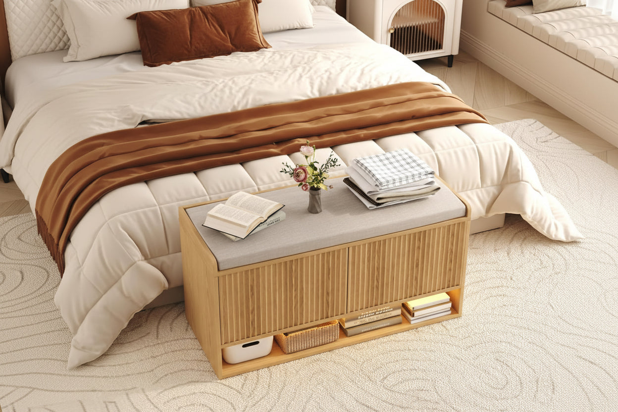 39.4" Fluted Shoe Storage Bench, Entryway Bench with Linen Seat Cushion, Shoe Cabinet Bench with Adjustable Shelf and Built-In LED Sensor Light, Bench for Bedroom End of Bed, Natural Oak