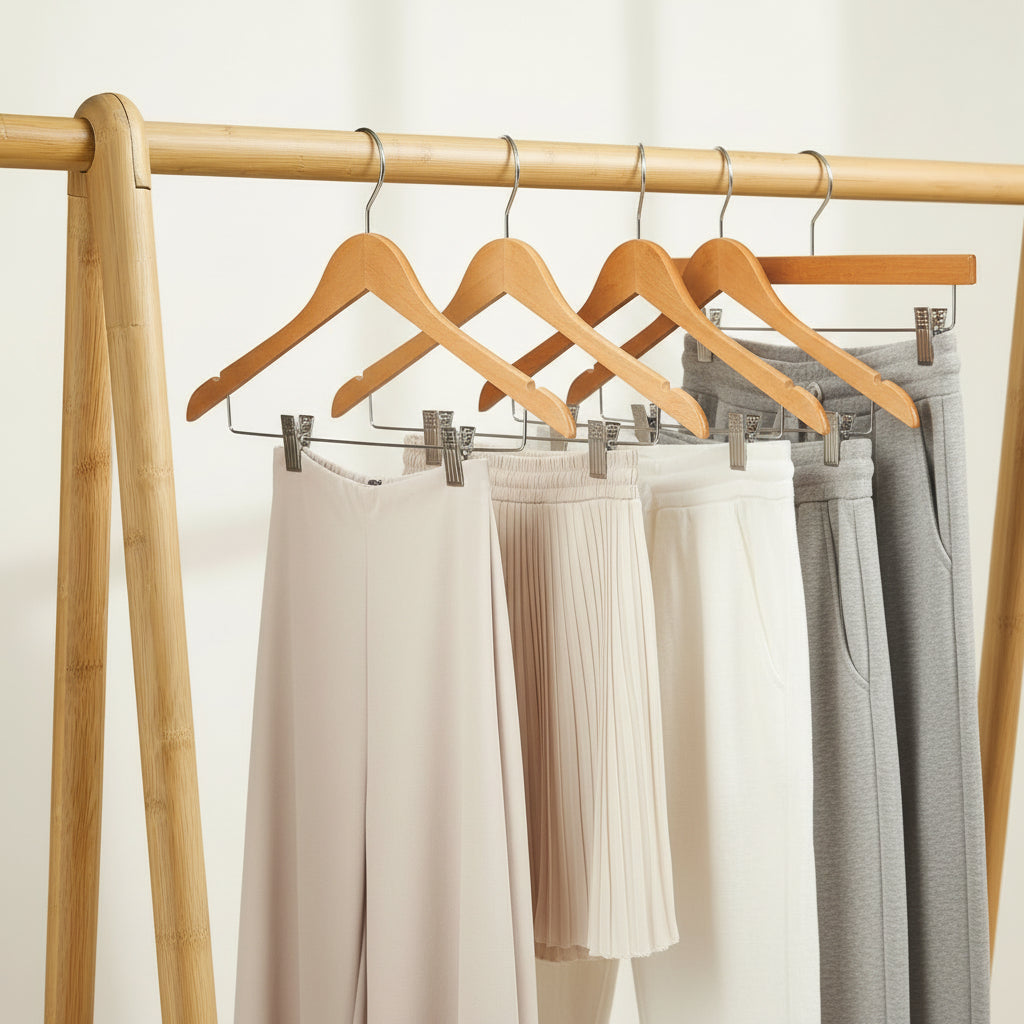 Wooden Hangers with Adjustable Heavy Duty Clips - 12 Pack Pants, Skirt, Jeans, Slacks, Shorts Hangers (Natural)