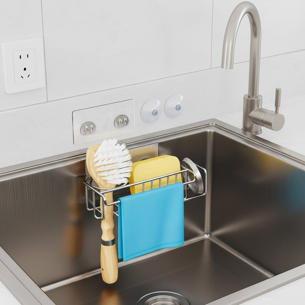 4 in 1 Sink Caddy Sponge Holder, SUS304 Stainless Steel Kitchen Brush Holder + Dish Cloth Hanger + Soap Rack + Sink Stopper Rack + Sponge Caddy for Kitchen - Silver