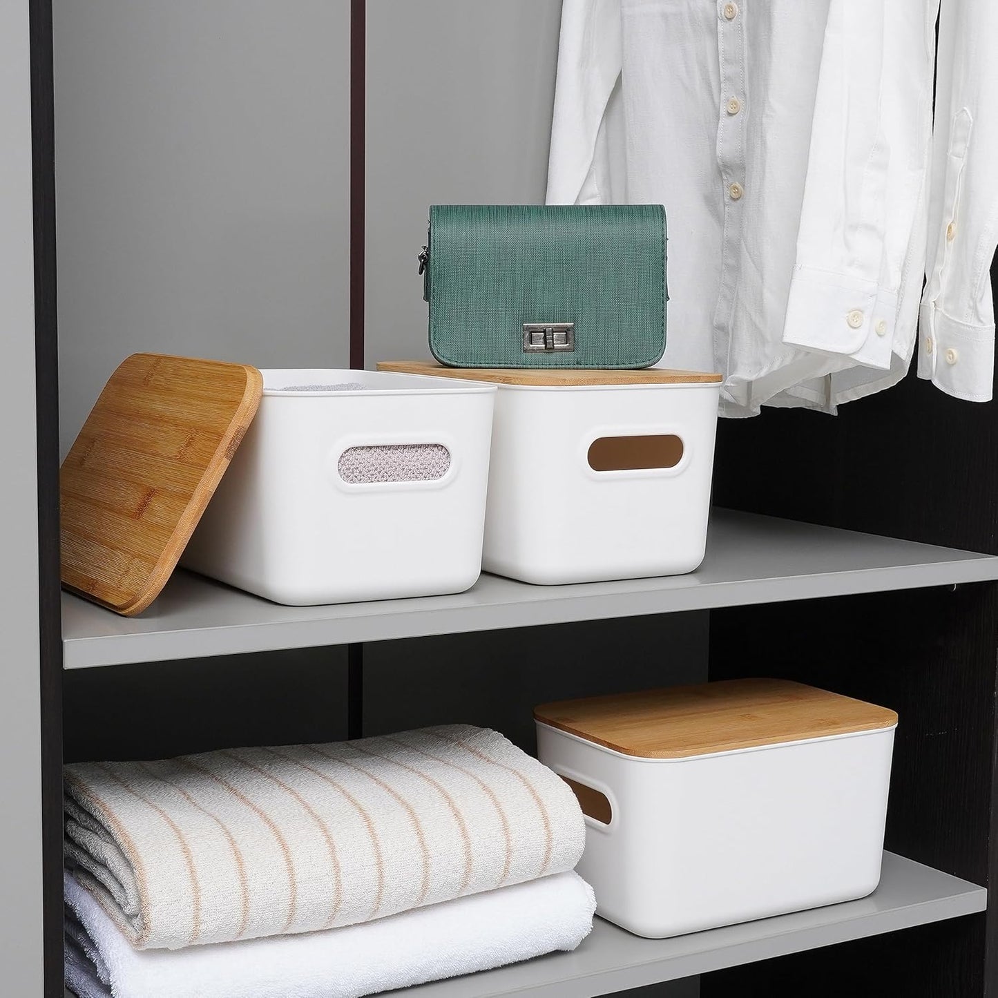 4 PCS Storage Bins with Bamboo Lids Plastic Storage Containers for Organizing Stackable Storage Box with Handle, 10.23 X 7.08 X 6.3 Inch