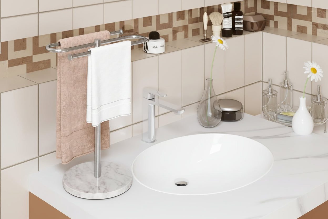 Countertop Towel Stand Free Standing with Marble Base, S-Shape Hand Towel Stand for Bathroom Stainless Steel Rust-Proof, Hand Towel Holder Standing for Kitchen Vanity Countertop (Brushed Nickel)