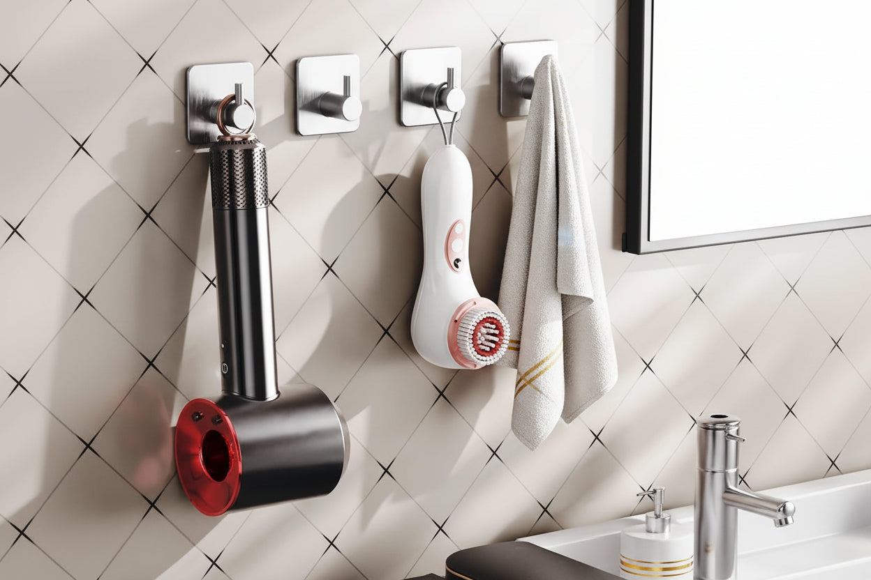 Adhesive Hooks Heavy Duty 30Lb(Max) Wall Hooks, 5 Pack Damage Free Stainless Steel Hanger for Hanging Coat, Hat, Towel Robe, Waterproof Oilproof Rustproof Hook for Bathroom Shower Kitchen Office