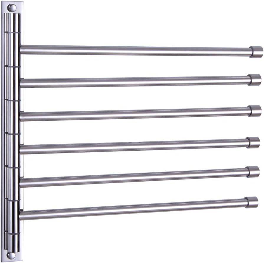 Bathroom 6 Arms Swing Arm Towel Bars Wall Mount Bath Towel Rack Hanger Stainless Steel Towel Holder Organizer, White
