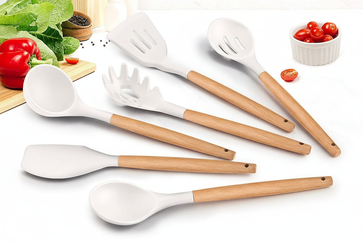 White Cooking Utensils Set of 6, Silicone Kitchen Utensils with Wooden Handle, Non-Stick Cookware Friendly & Heat Resistant, Includes Spatula/Ladle/Slotted Turner/Serving Spoon/Spaghetti Server