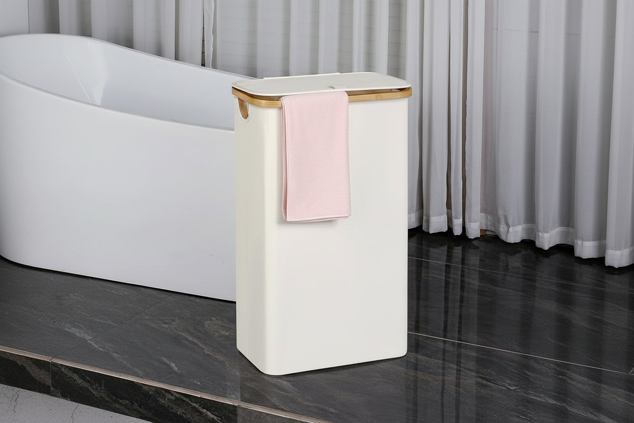 Slim Laundry Basket with Lid, Narrow Laundry Hamper with Removable Bag, Skinny Dirty Clothes Basket with Bamboo Handles for Bathroom, Bedroom & Laundry Room, 75L Beige