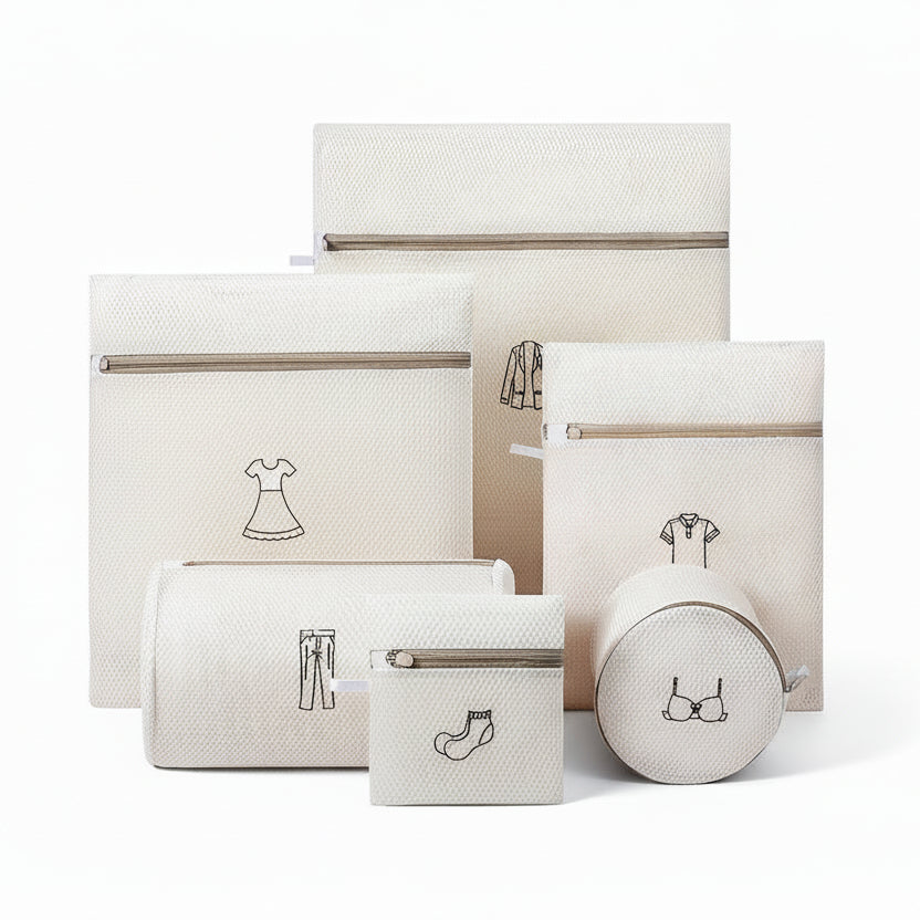 6PCS Logo Category Double Thickened Fine Mesh Laundry Bag Set with Zipper (Hosiery + Shirt + Dress + Jacket + Pants + Bra Bag)