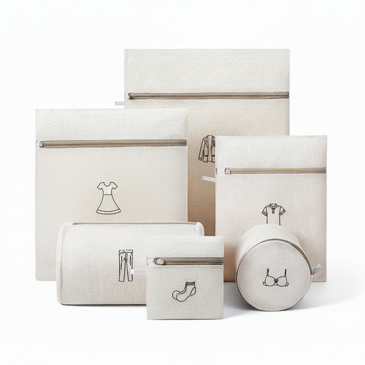 6PCS Logo Category Double Thickened Fine Mesh Laundry Bag Set with Zipper (Hosiery + Shirt + Dress + Jacket + Pants + Bra Bag)