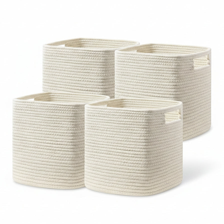 Set of 4 Storage Cubes-13 X 13 X 13 In, Cotton Rope Basket for Shelves, Toys, Book, Cube Storage Bin with Handles, Woven Storage Basket for Organizing, Beige