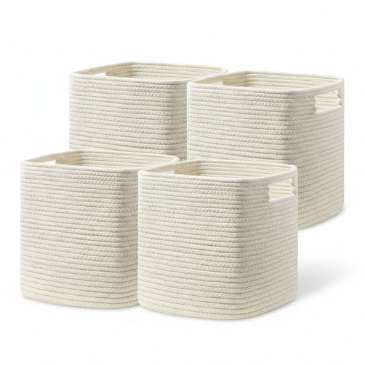 Set of 4 Storage Cubes-13 X 13 X 13 In, Cotton Rope Basket for Shelves, Toys, Book, Cube Storage Bin with Handles, Woven Storage Basket for Organizing, Beige