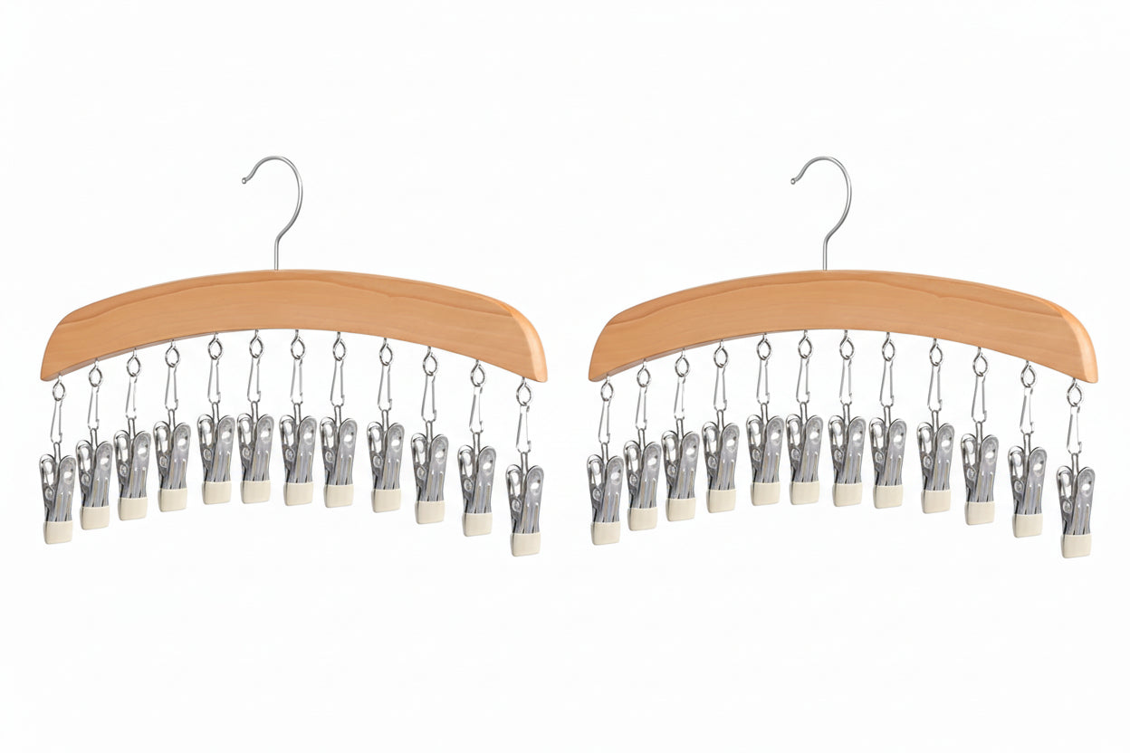Leggings Hangers, Wooden Closet Hanging Leggings Storage Organizer Scarf Hangers with 24 Clips, 360° Swivel Hook, Burlywood, 2 Pcs