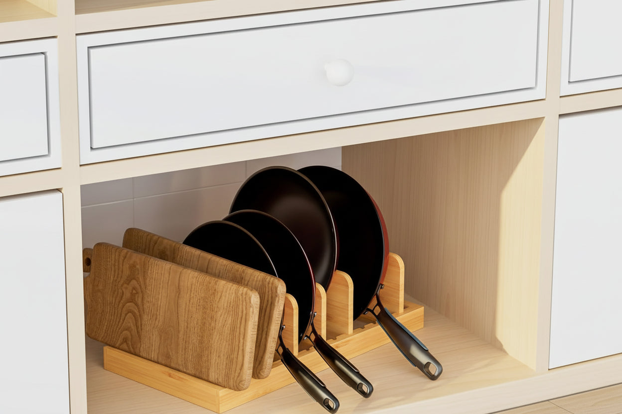 Bamboo Pot Lid Organizer Pot Lid Holder, Pot and Pan Organizer Drawer Organizer for Pot Lids, Pans, Cutting Boards & Baking Sheets, Dinner Plates, Reusable Containers in Cabinet Storage