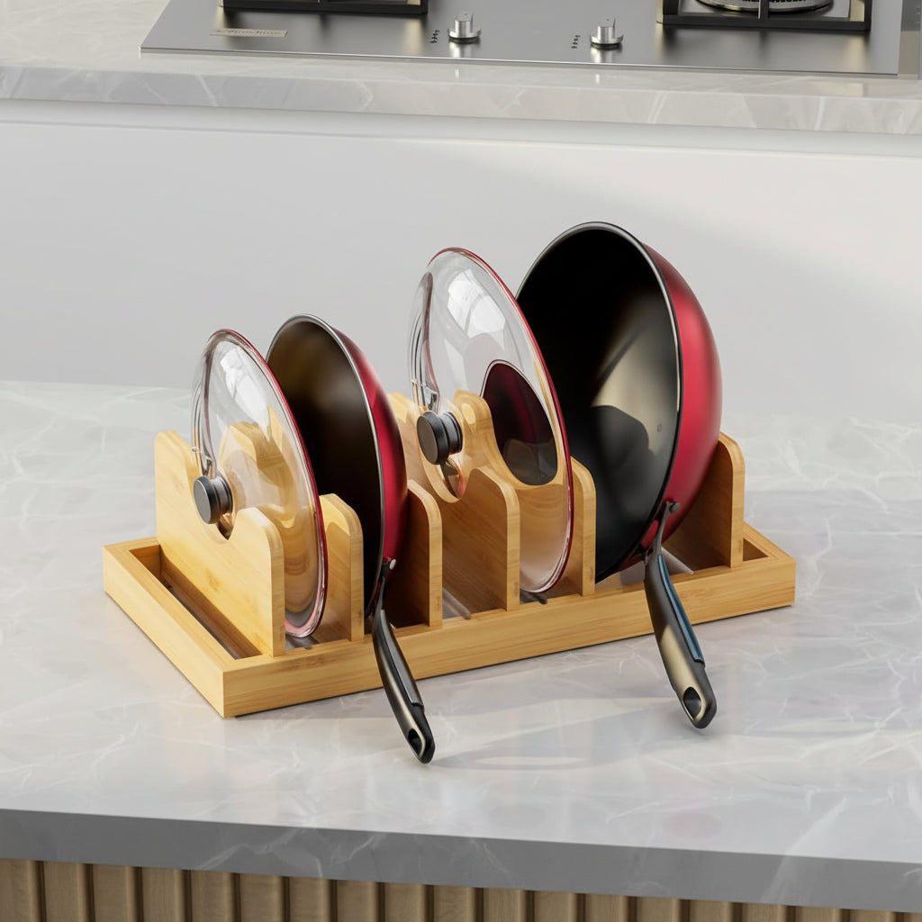 Bamboo Pot Lid Organizer Pot Lid Holder, Pot and Pan Organizer Drawer Organizer for Pot Lids, Pans, Cutting Boards & Baking Sheets, Dinner Plates, Reusable Containers in Cabinet Storage