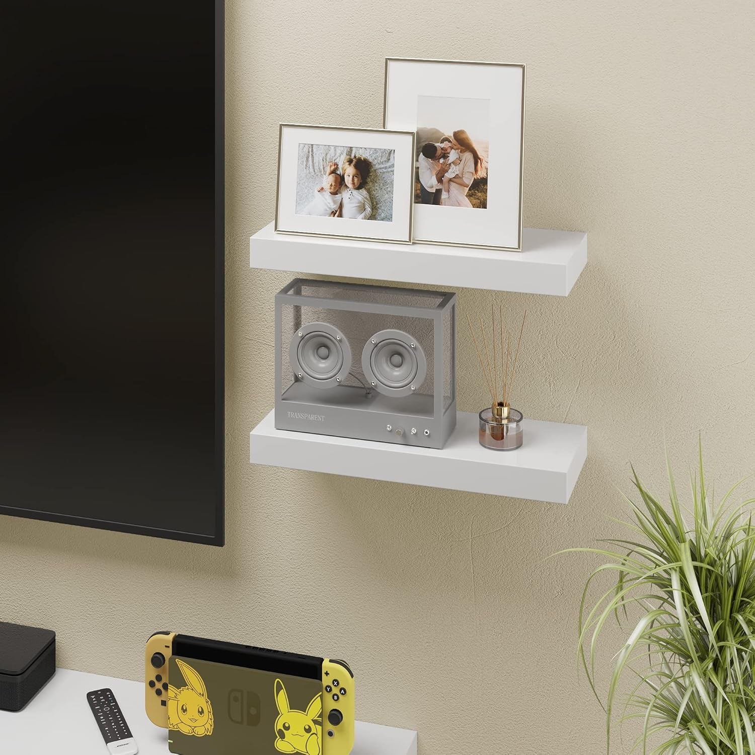 Floating Shelves, White Wall Mounted Wooden Shelves with Invisible Brackets Set of 2, Hanging Wall Shelves Decoration for Bedroom, Bathroom, Living Room and Kitchen