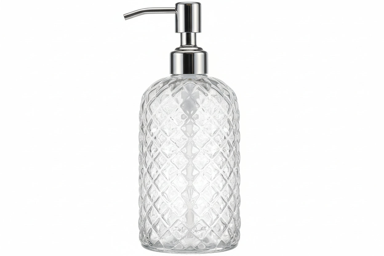 18Oz Gem Patterned Clear Glass Soap Dispenser with Rust Proof Pump, Refillable Hand Soap Dispenser for Kitchen, Premium Bathroom Soap Dispenser for Dish Soap, Hand Soap, Lotion(Clear).