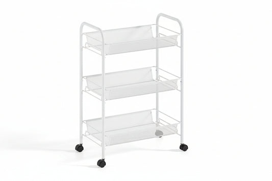 Metal Rolling Utility Cart, 3-Tier Mesh Wire Storage Trolley with Easy Assembly, Organizer Craft Cart 3 Hooks, Mobile Shelving Unit for Kitchen, Bathroom, Laundry Room, and Home