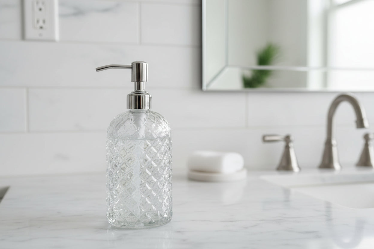 18Oz Gem Patterned Clear Glass Soap Dispenser with Rust Proof Pump, Refillable Hand Soap Dispenser for Kitchen, Premium Bathroom Soap Dispenser for Dish Soap, Hand Soap, Lotion(Clear).