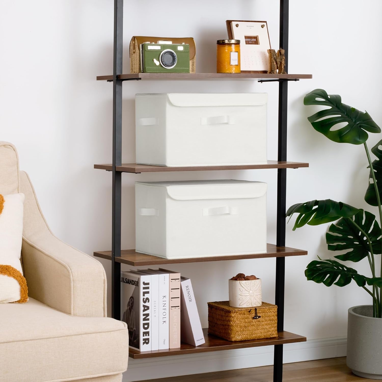 Storage Bins with Lids, Fabric Storage Boxes, Closet Organizers and Storage, Storage Baskets for Shelves, Toy Box, Ivory White, 2-Pack
