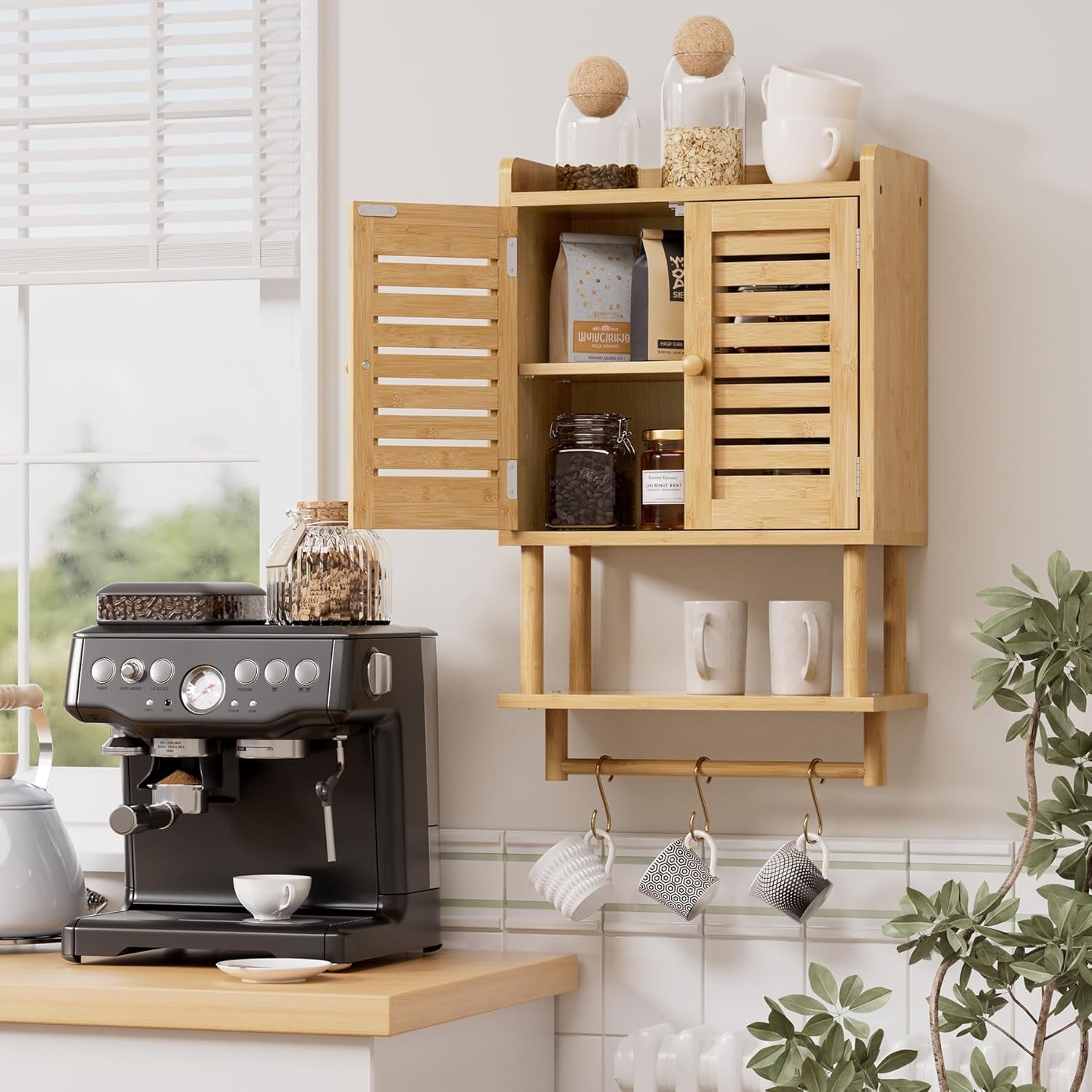 Bathroom Wall Cabinet, Bamboo over the Toilet Storage Cabinet, Hanging Medicine Cabinets with Towel Bar, Wall Mounted Storage Shelf with Adjustable Shelves for Small Spaces