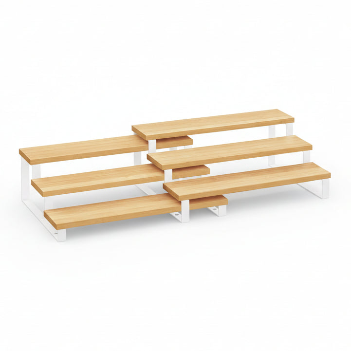 Display Risers, Set of 2 Engineered Wood Perfume Organizer Stand, 3-Tier Cupcake Stand Holder, Spice Rack, Shelf Risers for Figures, Dessert Shelves, Natural Beige and Cloud White UKCS016N02